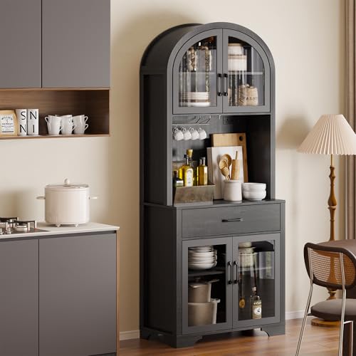 Arched Kitchen Pantry Storage Cabinet, Black Wooden Coffee Bar Cabinet with Drawers, Kitchen Hutch Dining Room Storage Cabinet with Charging Station and LED Light, Kitchen Hutch with Countertop - color: Black
