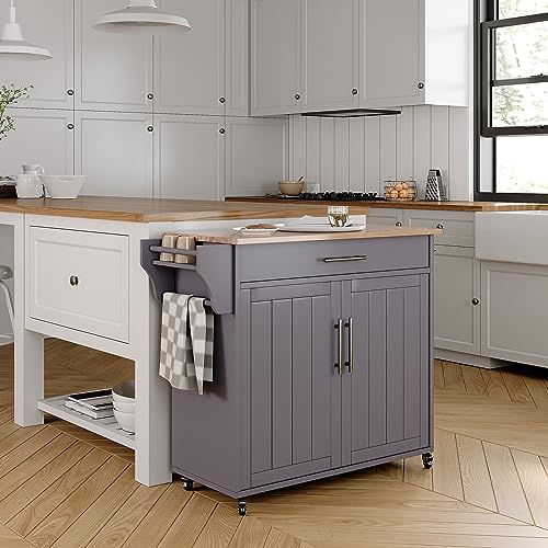 Wood Kitchen Island with Storage, Wooden Rolling Kitchen Island On Wheels with Countertop, Mobile Kitchen Island Cart with Towel Rack, Spice Rack, Adjustable Shelf and Drawers, Grey - color: Grey