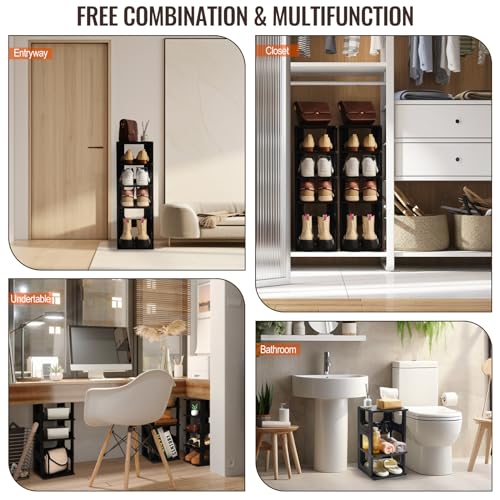 TRZZ 5-Tier Small Shoe Rack, Vertical Narrow Stackable Organizer with Removable Partition, Efficient Shoe Storage for Closet, Entryway, and Small Spaces (Black) | Removable Partition, Vertical Efficient Shoe Storage, for Closet, Entryway, Small Spaces - c