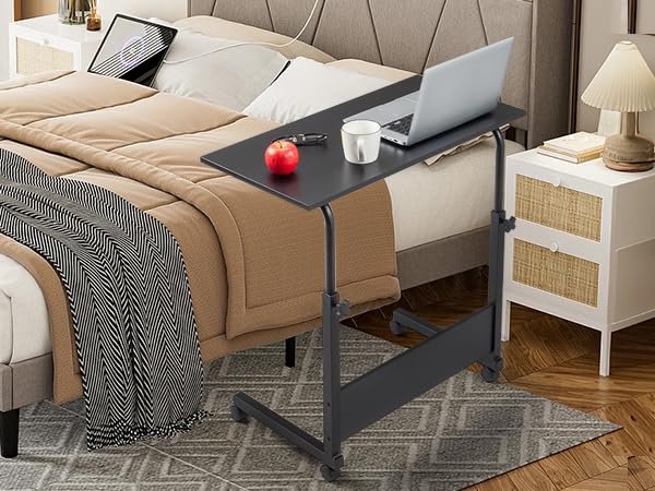 Karl home Mobile Side Table 31.5 inch Computer Desk with Wheels Height Adjustable Rolling Potable Laptop Cart, C-Shaped Bed Couch Sofa End Tables with Edge Stopper for Livingroom Bedroom, Black - color: Black, size: 31.5"+No Power Sockets