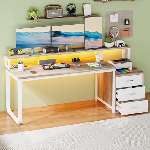 HOMBCK 67" Computer Desk with 3 Drawers, Home Office Desk with Long Monitor Stand and Printer Space, Office Desk with Storage & LED Lights, Writing Desk with Drawers, Walnut and White - color: Walnut and White
