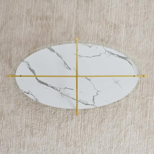 LumFurn Oval Glass Coffee Table, Mid-Century Modern Design, L43 x W22 x H17 inch, Surfboard Shaped Clear Glass Top and White Marble Finish Wood Shelf, Tapered Legs with Gold Finish Frame - color: Clear & White Marble, size: L43" Surfboard Coffee Table