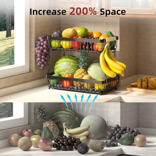 Sevenblue 2-Tier Fruit Basket with Banana Hangers, Detachable Metal Bowl | Wooden handle, protective mats included. Versatile holder for bread, snacks, and veggies. Extra Large 2 tier metal design. - color: Black, size: 2 Tier Extra Large