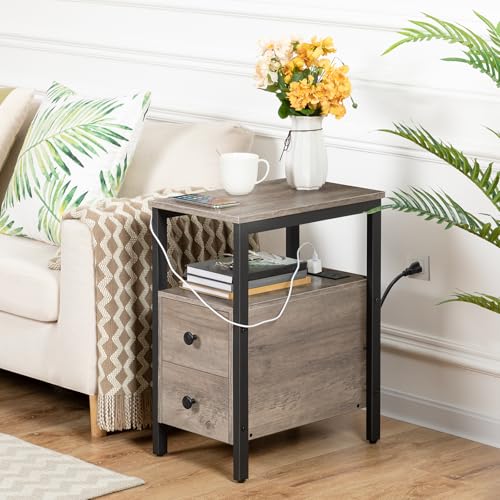 HOOBRO Set of 2 End Tables with Charging Station, Narrow Side Table with Drawers & USB Port & Power Outlets, Nightstand for Small Spaces, Living Room, Stable, Greige and Black BG541BZP201 - color: Greige + Black