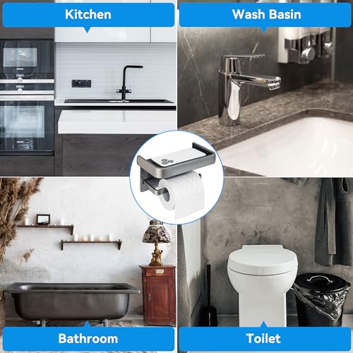 Toilet Paper Holder with Phone Shelf, Adhesive or Screw Wall Mount Toilet Tissue Roll Holder-Grey - color: Grey