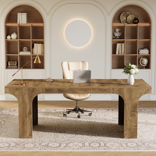 Tribesigns 70.87" Executive Office Desk with Arched Design, Oak | Modern Wooden Writing Table, Large Workspace Computer Desk Simple Business Furniture for Home Office, Sturdy Room - color: Oak