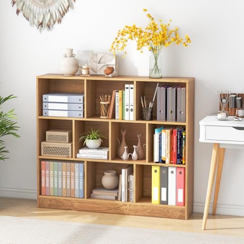 10 Cubes Book Shelf, 3 Shelf Bookcase Cabinet with 10 Compartments, Strong Base and Closed Back, Open Shelf Storage Organizer Bookshelf for Living Room, Bedroom, Office & Hallway (Natural) - color: Natural