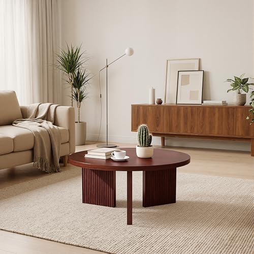 35" Wooden Round Coffee Table, Burgundy | Smooth Thick Coffee Table, Low Circle Center Table with X Shaped Stable Legs, Accent Tea Table for Living Room, Office - color: Burgundy, style: Coffee Table