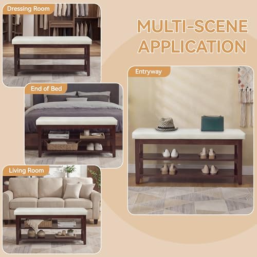 40" Faux Leather Shoe Storage Bench Entryway, Upholstered Bench with Leather Cushion, Solid Wooden 2 Tier Rack Shoe Organizer for Entry Way, Bedroom, Living Room, Beige - color: Beige