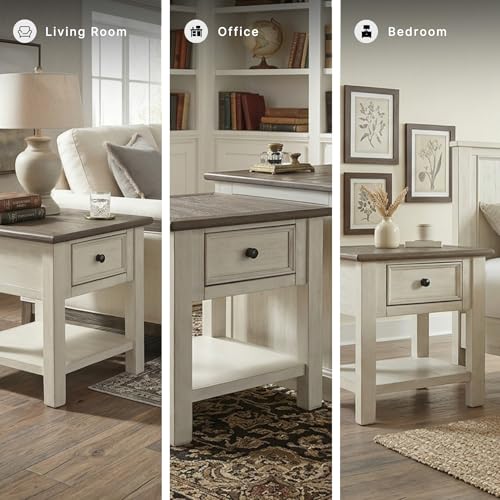 Signature Design by Ashley Bolanburg End Table for Living Room, Two-Tone Distressed Wood Side Table with Smooth-Gliding Drawer, Farmhouse Plank-Style Top, Ideal Night Stand Use, Antique White/Oak - color: Whitewash