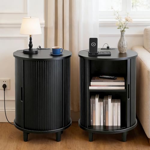 DHH Round End Table with Storage & Charging Station, Fluted Accent Side Table with Sliding Door & Adjustable Shelf, Mid-Century Nightstand for Small Spaces, Living Room, Bedroom (1, Black) - color: Black