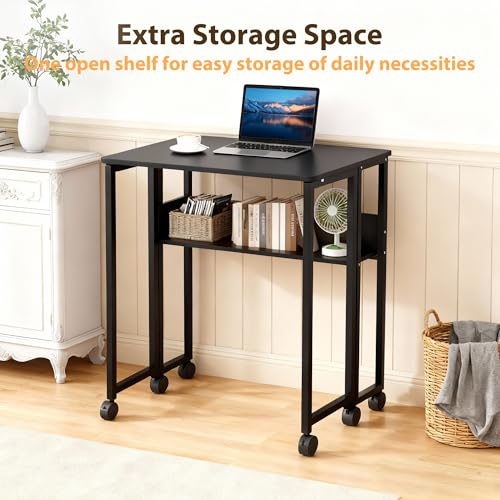Folding Desk Small Rolling Desk with Storage Shelf,24.8 Inch Foldable Computer Table with Wheels,Portable Office Desk for Small Space Sofa Table,Easy to Fold,Writing Work Office Computer Desk,Black