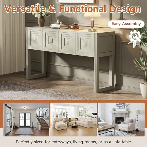 LKTART 55" Carved Console Table with 3 Soft-Close Drawers, Entryway Sofa Table with Fluted Leg,Solid Wood Accent Table for Living Room Hallway, Natural - color: Natural