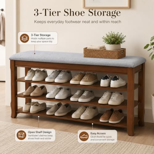 SolidWood Entryway Shoe Storage Bench, Flip-Top Soft-Close Lid, Adjustable Shelves, Cushioned Entryway Shoe Rack Organizer,Hallway, Closet, Foyer 39.4'' - size: 39.4"