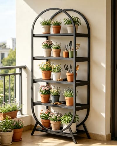 Bookshelf Arched Bookcase, Industrial 5 Tier Open Book Shelves with Metal Frame, 72" Tall Freestanding Display Rack for Home Office, Living Room, Black - color: Black, size: 5 Tier Arched