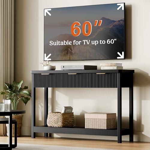 Fluted Console Table, 51 Inch Entryway Table with 3 Drawers | Scandi farmhouse look with quiet full-extension slides, open lower shelf, profile for hallway, entry, foyer or behind sofa. - color: Black