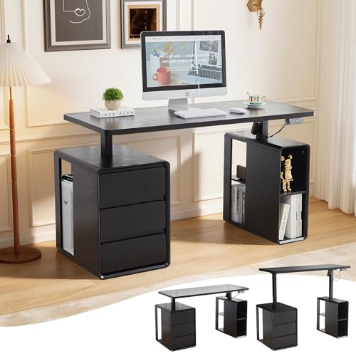 Electric Standing Desk with Drawers, 55" Office Desk Height Adjustable Executive Desk with Storage Shelves, Simple Setup Wood Desk Home Office Stand up Desk for Work, Study, Writing, Black - color: Black
