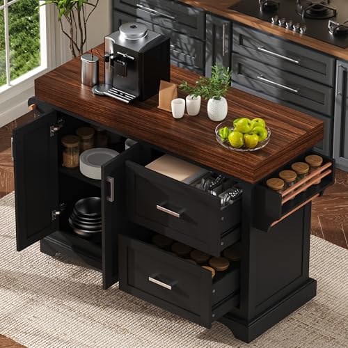 53.2" Rolling Kitchen Island with Storage, 3.5" Thick Countertop, Spice Rack, Towel Rack, Drawer & Cabinet - Mobile Kitchen Cart on Wheels for Kitchen, Dining Room, Black - color: Black