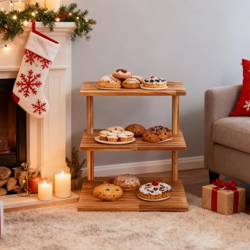 Countertop Coffee Station Organizer, 3 Tier Wooden Shelf for Coffee Bar Accessories, Condiment Storage Caddy for Kitchen, Display Rack for Cupcake Tea Cups Kitchen Office.