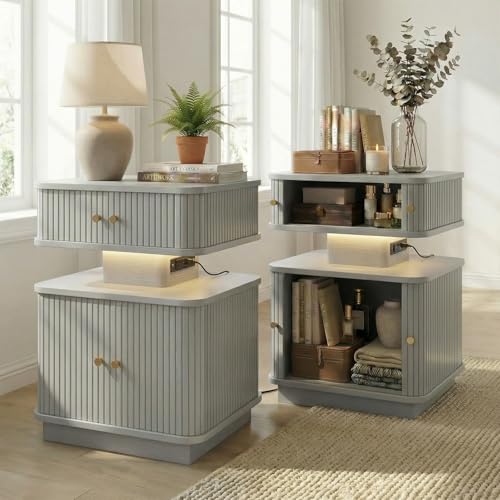 Nightstand with Charging Station, Modern Night Stand with Smart Led Light and 2 Small Sliding Door Cabinets, Curvy Edge, Bedside Table for Bedroom, Grey - color: Grey