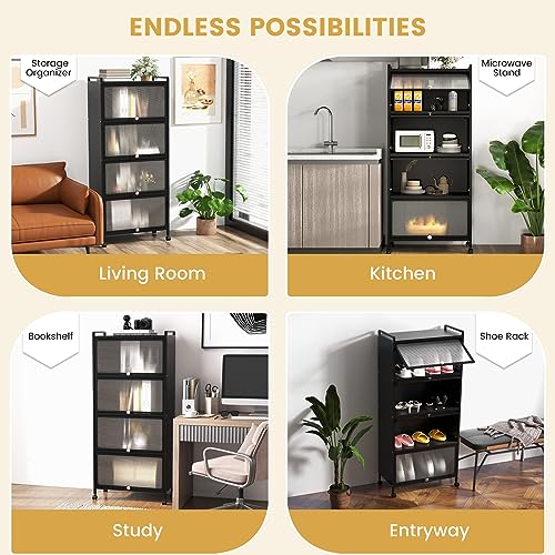5-Tier Kitchen Storage Cabinet, Mobile Microwave Stand with Metal Frame, 4 Lockable Casters & Flip-up PC Doors, Freestanding Bakers Rack for Kitchen, Dining Room, Living Room (Black) - color: Black
