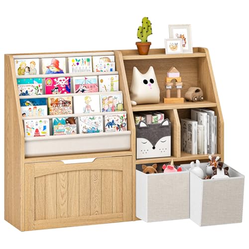 CHOEZON Kids Bookshelf, Children's Bookcase with 4 Sling Book Shelves, Toy Storage Cubby, Fabric Storage Baskets, Wooden Book Shelf for Kids' Room, Playroom, Nursery, Natural and White MCW17NL - color: Natural and White