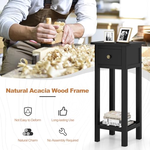 Tangkula 2-Tier Narrow Side Table with Drawer, Acacia Wood Tall End Table for Small Spaces, Farmhouse Slim Bedside Table with Open Shelf, Nightstand for Living Room, Bedroom, No Assembly (2, Black) - color: Black