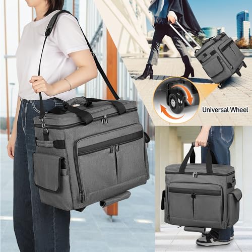 Trunab Rolling Scrapbook Tote with File Pocket & Trolley, Craft Organizer | Expandable File Pocket, Detachable Trolley, Padded Sleeves for 15.6" Laptop, Scrapbooking Supplies & Art Tools - color: Grey