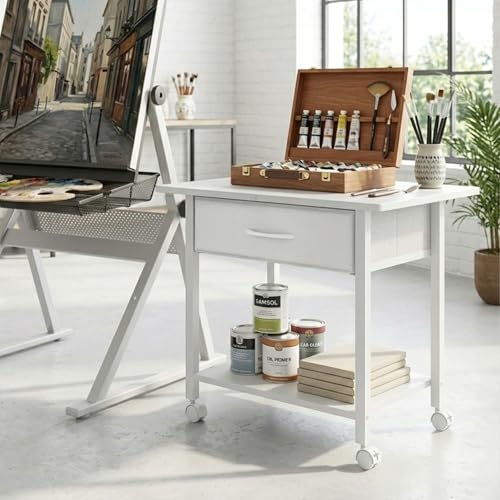 22" x 15" Under Desk Rolling Printer Stand, 2-Tier Industrial Mobile Printer Table with Strong Fabric Drawer, Storage Shelf, Steel Frame and Lockable Wheels, Printer Cart for Home Office (White) - color: White