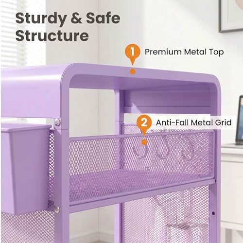ECOLOVI 3 Tier Printer Stand for Under Desk, Height Adjustable Shelf Small Printer Table with 3 S-Hooks & Basket, Heavy Duty Industrial Storage Shelf for Home Office (Purple Metal) - color: Purple