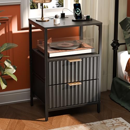 VINGLI Black Nightstands Set of 2 with Fabric Drawers, Fluted Nightstands with Charging Station, Night Stand Set of 2, Small Bedside Table, Bed Side Table/Night Stand with Charging Station for Bedroom - color: Black, size: 15"W-2 Drawer 1 Shelf