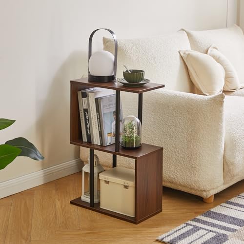 Aibiju S-Shaped Side Table, 3-Tier End Table with Open Storage Shelves, Non-Slip Feet, Modern Style Nightstand, Narrow Side Table for Small Space Living Room Bedroom Light Walnut YD-ST003LW - color: Light Walnut