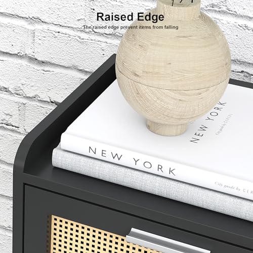 LAATOOREE Nightstand Set of 2, Small Black Bedside Table, End Table with Rattan Door, Boho Side Table with Solid Wood Legs for Bedroom Living Room Small Space - color: Black, style: Boho Style