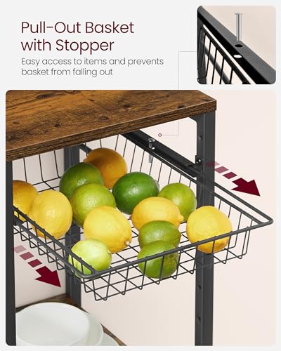 VASAGLE Baker's Rack, Coffee Bar Stand with Charging Station, 35.6 Inches Tall, Storage Shelves, Pull-Out Wire Basket, Table for Microwave, Kitchen, Rustic Brown and Ink Black UKKS036K01 - color: Rustic Brown + Ink Black, style: With Power Outlet