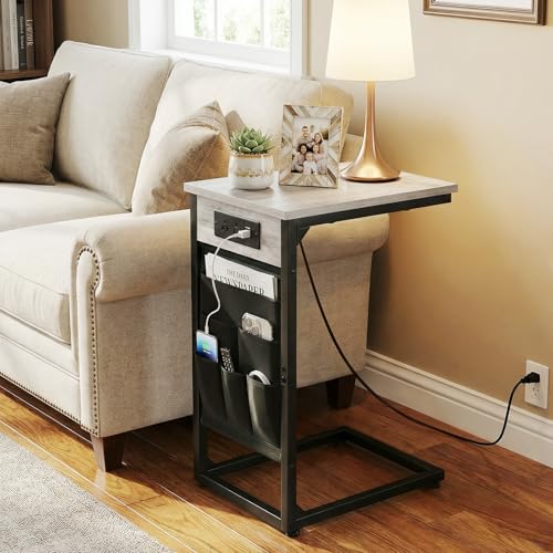 AMHANCIBLE C Shaped End Table with Charging Station, Couch Side Tables that Slide Under Sofa with Storage Bag, Slim TV Tray with USB Ports and Power Outlets for Living Room, Bedroom, Grey HET04CGY - color: Grey