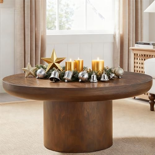 Round Coffee Table 36" Wood for Living Room Large Modern Solid Wooden Drum Circle Farmhouse Center Mid-Century Sofa Side Coffee Tables for Apartment Home Furniture Cocktail Tea Brown Easy Assemble - color: 36" Brown