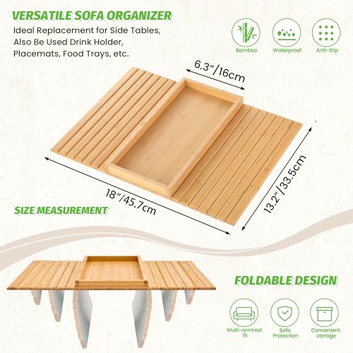 GEHE Bamboo Sofa Arm Tray, Foldable Couch Arm Tray Side Table, Anti-Falling Armrest Tables Cup Holder for Snacks, Drinks, Beers, Phone, Control, Flexible and Portable, Anti-Slip - color: Bamboo