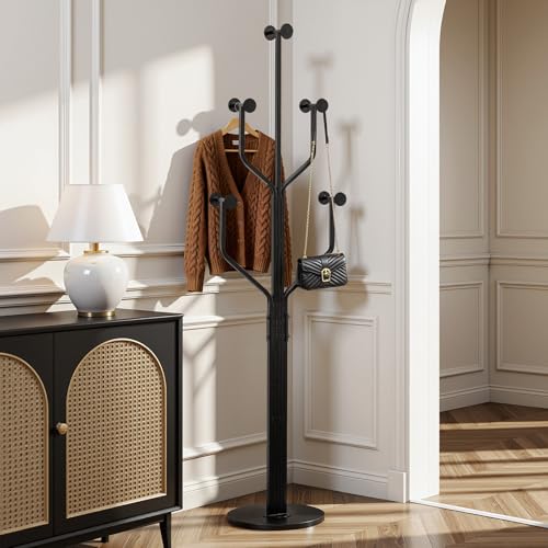 Coat Rack Freestanding Metal Coat Tree with 10 Hooks, Black | Heavy Duty Standing Coat Rack, Stainless Steel Marble Base, Coat Hanger Stand for Bedroom Entryway Hallway, Hat, Bags - color: Black