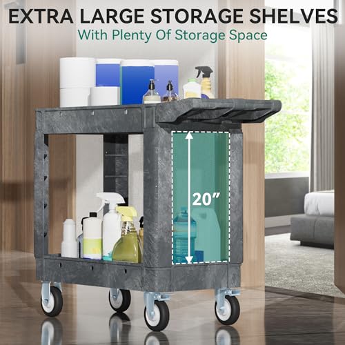 YITAHOME Grey Utility Cart on Wheels, 550 lbs Capacity, 40 x 17 Inch | Rolling Work Carts with Wheels, 2 Shelf Heavy Duty Plastic Service Cart Suitable for Warehouse, Garage, School & Office