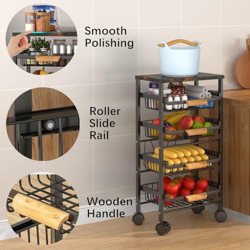 CarolynDesign 5 Tier Metal Wire Basket Cart on Wheels, Stackable Storage Bins for Kitchen, Living Room, Bedroom, Bathroom, Free Stand Vegetable Fruit Racks with Pull Out Drawers