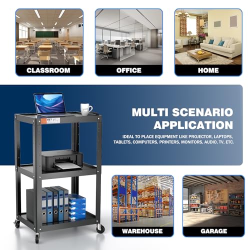 3 Shelf Metal Utility Cart with Wheels & Power Strip - Steel Mobile AV Cart for Video Projector, TV, Laptop, Computers, Printers - Height Adjustable Media Carts for Office Classroom Warehouse - style: AV Cart without Keyboard Tray (AV-JS)