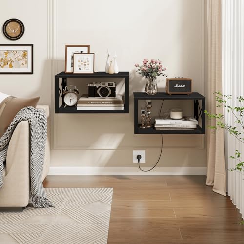 Homode Floating Nightstand, 2 Tier Wall Mounted Nightstand with Cable Hole, Wooden Floating Bedside Table, Bedside Wall Shelf for Bedroom Bathroom Living Room Kitchen Office, Black - color: Black