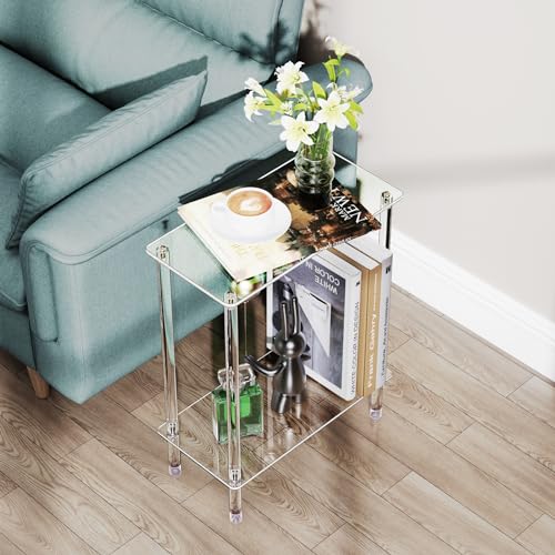 Clear Acrylic Narrow Side Table Set of 2 for Small Spaces, 15.75" L x 7.87" W x 19.82" H, 2 Tier Rectangle Slim End Table Nightstand, Small Bedside Table for Bedroom, Bathroom, Living Room - size: 2 Tier Rectangle 2-Pack