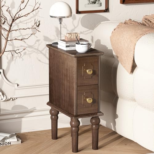 Solid Wood End Table, Walnut Narrow Side Table with Drawers, Small Nightstand Skiny Beside Table for Small Space, Living Room, Bedroom, 8" Width