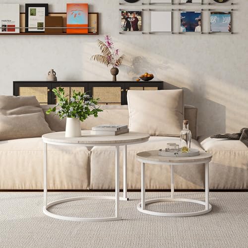HOJINLINERO Round Coffee Table,Nesting Coffee Table Set of 2,Center Tables for Living Room,Office, Home Small Space,Stacking Side Tables,Sturdy and Easy Assembly,Wood Desktop,Oak+White,Large - color: Wh-oak, size: Large