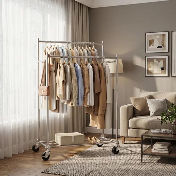 HYSEYY Clothes Rack, Double Rods Rolling Clothing Rack for Hanging Clothes, Portable Garment Rack with Wheels, Coat Rack Wardrobe Closet Load 380 LBS for Bedroom Laundry Room, Black - color: silver