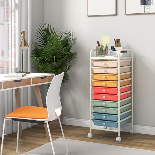 DREAMADE Rolling Cart With Storage Drawers, Utility Cart With Removable Plastic Drawers, Lockable Wheels for Classroom Organization, Art Supplies, Office, Scrapbook (10 Drawers, Macaron) - color: Macaron, style: 10 Drawers