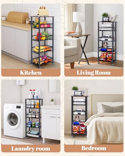 Mythinglogic 5-Tier Rolling Fruit Vegetable Storage Cart with Pull-Out Baskets, Metal Kitchen Organizer, Heavy Duty Utility Rack with Wheels for Pantry, Living Room, Kitchen - size: 15.74"D x 11.81"W x 42.51"H