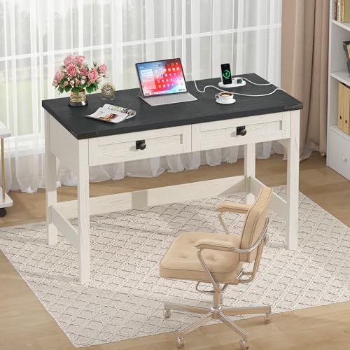 YOMILUVE Farmhouse Computer Desk with 2 Drawers, 39 Inch Small Office Computer Desk with Power Outlets, Compact Writing Study Vanity Desk for Small Spaces, Black and White - color: Black and White
