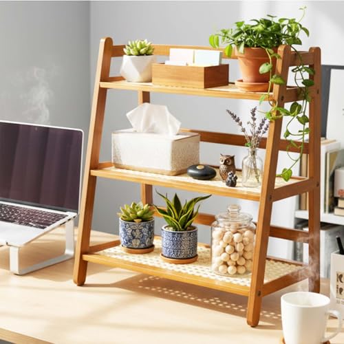 Yalikop 3 Tier Matcha Station Shelf Bamboo Coffee Mug Stand Countertop Storage Rack,Three Layer Rattan Office Cup, Kitchen, Tea, Plant, Bar Accessories Condiment Display(Brown)